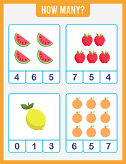 Educational worksheet for preschool children. Count fruits and vegetables. Math game for children.