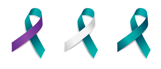 Set of tree teal ribbon awareness Cervical Cancer, Sexual Assault, Polycystic Ovarian Syndrome, Suicide, Domestic Violence,  PTSD, Isolated on white background. Vector  illustration.