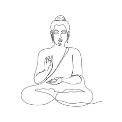 Buddha in meditation drawn in one line. Symbol of Buddhism, Yoga, Hinduism, Spirituality. Buddha line art. Black and white vector illustration.