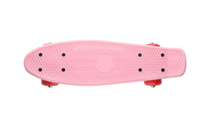 Pink skateboard with red wheels isolated on white, top view. Sport equipment