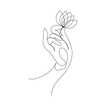 recommend clip art: Hand holds a lotus flower hand drawn by one line. Symbol of Buddhism, Yoga, Hinduism, Spirituality. Yoga mudra. Black and white vector illustration.