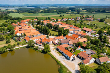 Aerial of the historic village of Holasovice, UNESCO World Heritage Site, South Bohemia, Czech Republic