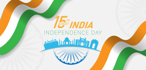 15 th August Indian Independence Day banner template design with Indian flag and silhouette of Indian monument.