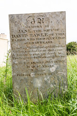 Exmoor National Park - 19th century gravestone of Jane Rawle (died 1850) in the churchyard of Stoke Pero church, Somerset UK - Prepare to meet thy God.