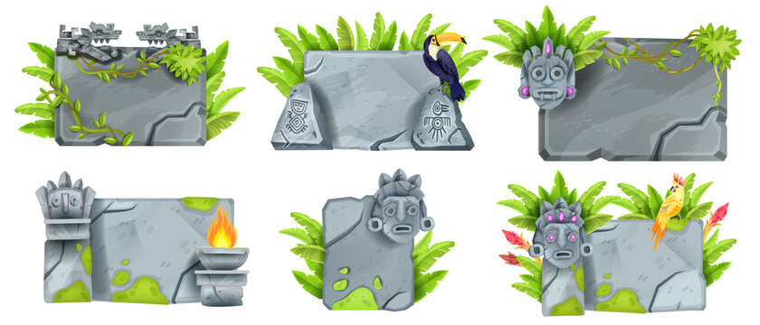 Tropical stone sign board set, vector maya game UI rock panel, Aztec jungle totem face, tiki mask, toucan. Gray cracked square block kit, old granite boulders on white. Maya stone sign banners clipart