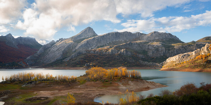 Panorama of Riano mountain range in Picos de Europa National Park, Leon, Spain