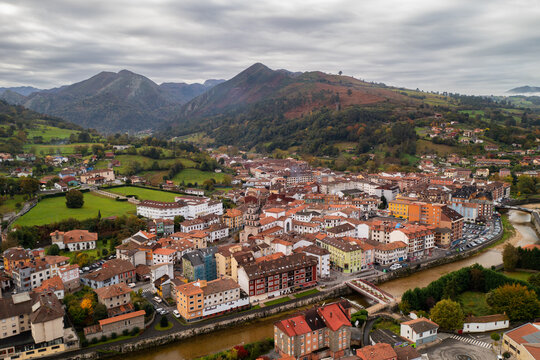 Aerial by drone of Cangas de Onis, Asturias, Spain