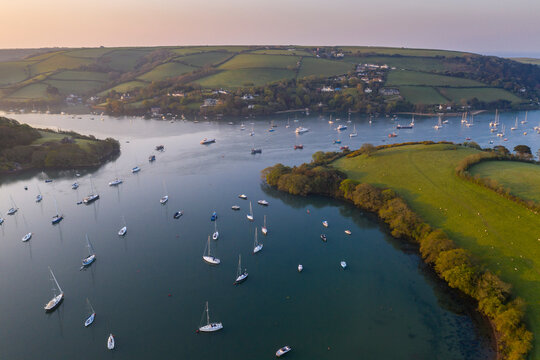 Aerial vista of the Kingsbridge Estuary at dawn in spring, Salcombe, South Hams, Devon, England