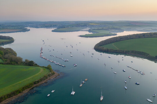 Aerial vista of the Kingsbridge Estuary at dawn in spring, Salcombe, South Hams, Devon, England
