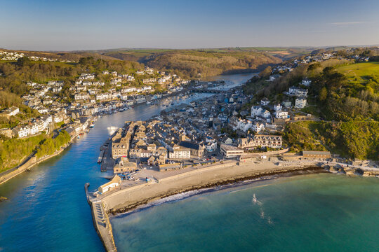Aerial view of the beautiful Cornish fishing town of Looe on a sunny spring morning, Looe, Cornwall, England
