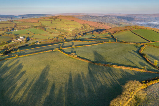 Aerial vista of rolling farmland near Chagford, Dartmoor National Park in spring, Devon, England