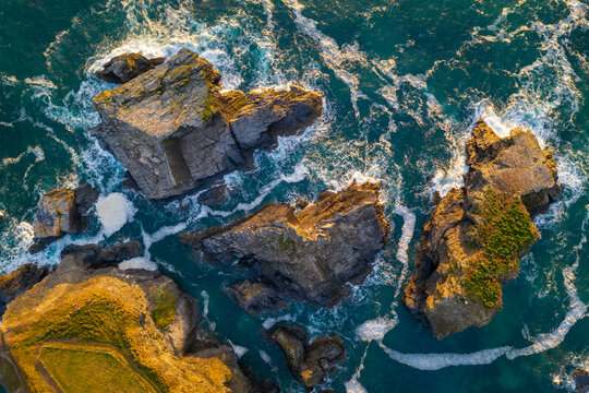 Aerial view of the Minnows islands near Porthcothan on the North coast of Cornwall, England