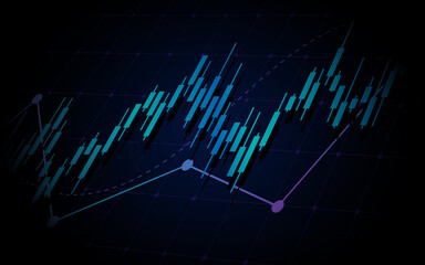close up financial graph with up trend line candlestick chart in stock market on blue color background