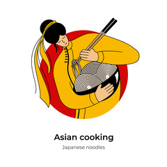 Young Asian woman cooks noodles. Asian fast food concept. Vector flat cartoon character illustration icon cook. Isolated on white background.