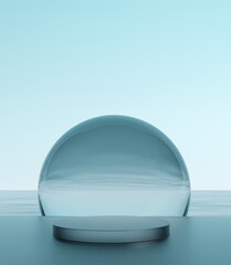 Cosmetic display podium with glass sphere on sea and sky background. 3D rendering