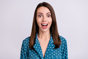 Photo of impressed brunette hair millennial lady open mouth wear blue shirt isolated on grey color background