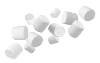 Delicious sweet puffy marshmallows flying on white background