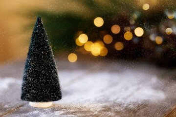 Christmas trees on the background of bright Christmas gifts, bright colored lights, place under the text as substrate