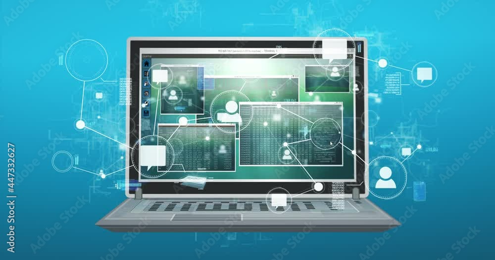 Aufkleber computer laptop screen network of contacts data. monitor, business networking concept art animation