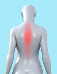 3d render illustration of female figure with red inflammated spine area on blue background, neuropathologist clinic concept.