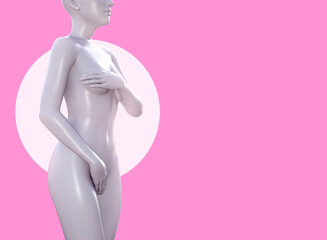 3d render illustration of female figure standing and hiding breast and genital area on pink background, gynecology clinic and woman health concept.