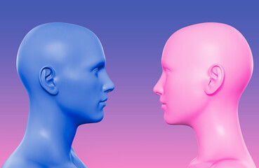 3d render illustration of blue and pink colored male and female faces on gradient colored background, relationship psychology concept.