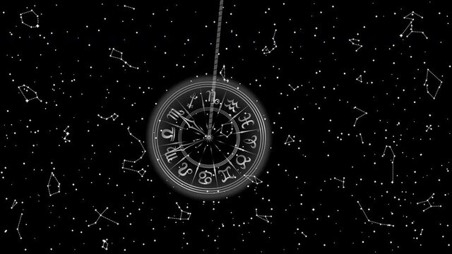 Animation of Black and White Swinging Pendulum with Horoscope Symbol. Single Object Isolated on Starry Night Background. Panoramic Sky Map of Hemisphere. Loop Seamless Stock Footage. 3D Graphic
