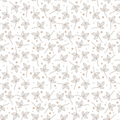 Abstract seamless pattern in a hand-drawn style, minimalist vector illustration. Plant branches with leaves and dots. Pastel colors, white background. Print design, nursery textiles, fabric.