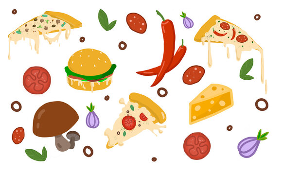 A bitmap image of food in bright colors. An interesting illustration with pizza, mushrooms, pepper, cheese, hamburger, garlic. Suitable for backgrounds, postcards, prints, posters, advertising and ban