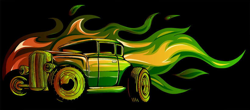 vintage car hot rod with flames vector