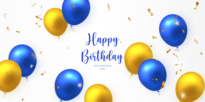 Elegant Yellow Golden Blue Ballon And Party Popper Ribbon Happy Birthday Celebration Card Banner Template