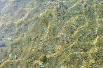 Beautiful view of sea coast sand through water. Greece. 