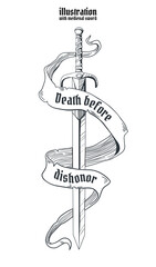 medieval black and white sword and tape with bold border in cartoon style