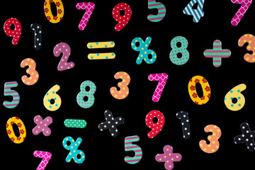 A set of colourful numbers and math symbols on black background. Education concept