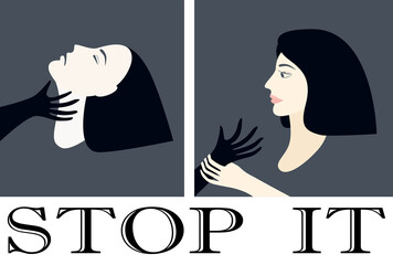 Stop violence against women concept Black hand shadow act to strangle woman neck Woman hand holding black hand and stop it Isolated vector illustration on white background