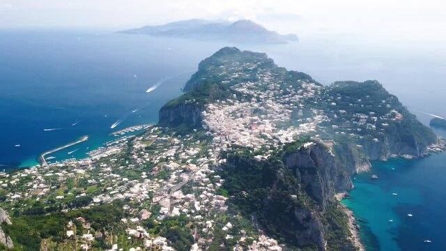 Capri mountains and sea in summer season. Drone viewpoint from Mt Solaro, panoramic view