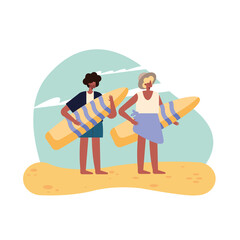 woman and man with summer surfboard