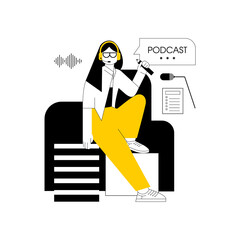 The girl is hosting a podcast. Female podcaster with headphones and a microphone with a pencil in her hands against the background of abstract geometric shapes. Modern flat vector illustration 