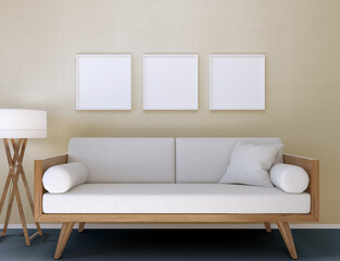 3D Illustration. Mockup of three blank poster frames hanging on the wall.