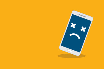 Broken smartphone with sad smile. Broken phone service, recovery and repair concept.	