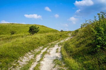 winding rural dirt road in summer field and blue sky