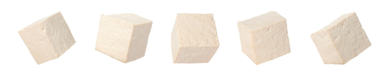 Set with tasty raw tofu on white background. Banner design
