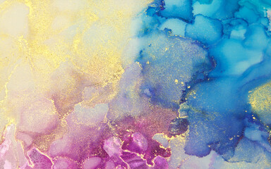 Abstract blue, violet and gold glitter color horizontal background. Marble texture. Alcohol ink