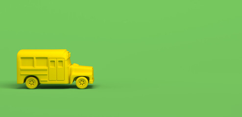 Yellow school bus on green background. Back to school. 3D illustration. Banner.