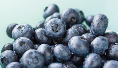 A lot of beautiful juicy fresh summer blueberries on a light turquoise glass plate