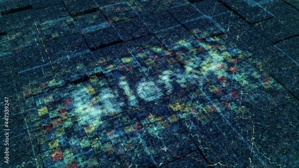 Poster computer science and internet concept. animation. blue circuit board spreading energy waves around t