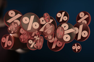 Red cubes percent falling on a white background. 3d rendering. Illustration for advertising.