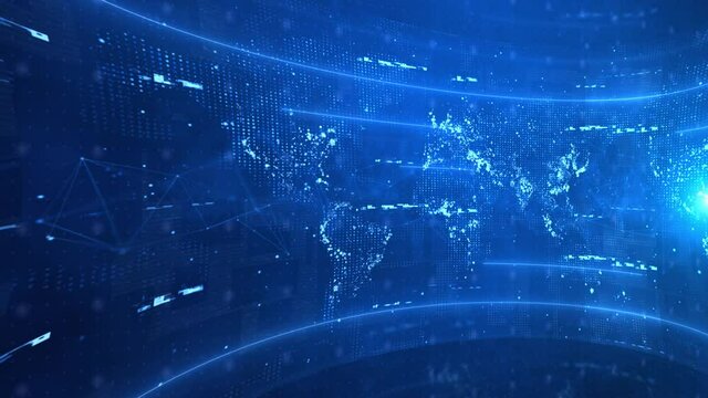 4K Global earth map rotating digital world breaking news Studio Loop Background. for finance, cryptocurrency or IoT Internet Future technology, Business, Science stock market Animation. Big data