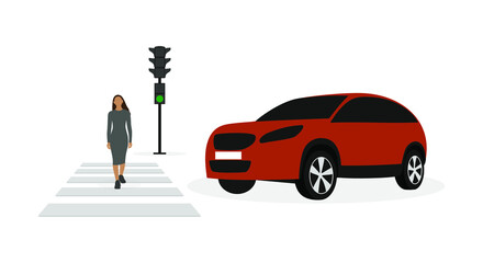Female character walking on a pedestrian crossing at a green traffic light in front of a car on a white background