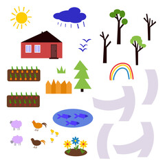 A large set of illustrations of village life. A house, a lake with fish, trees, beds, chickens, sheep, paths. Flat style, children's motives. Bright vector illustration. Everything for making a map.